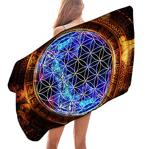 ZGDUGFU Großes reisenhandtuch, Blume des Lebens Badewanne Handtuch Mayan Kalender Mikrofaser Handtuch Abstrakte alte Strandmatte Heilige Geometrie dünne Decke Cover