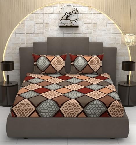 Image of Premium Heavy Cotton Flat Check Bedsheets With 2 King Size Pillow Covers||90 X 100 Inch King Size Flat||Brown Multi Box, 350 TC