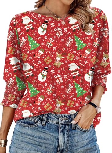 IECCP Women's Christmas Tops 2025 Womens Long Sleeve Top Christmas Shirts for Women Womens Tops Fall 3/4 Blouses 2025