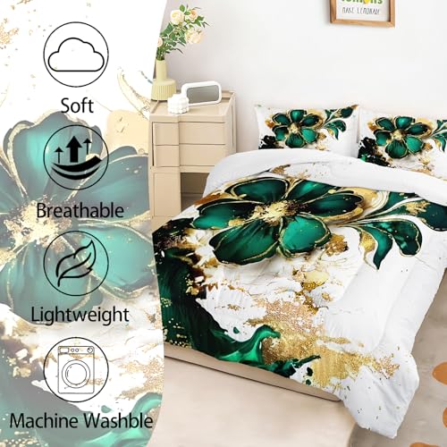 Image of AILONEN Marble Bedding Set Twin Size,Gold Green Floral Comforter Set,Marble Comforter Sets for Kids Girls,Luxury Lightweight Duvet Set 3 Pieces,1 Quilt and 2 Pillowcases