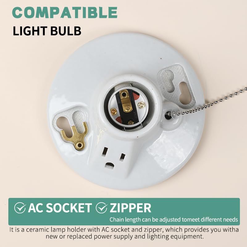LUCKY STAR E26 Ceiling Type Switch Porcelain lampholder One-Piece Glazed Porcelain Outlet Box Mount, Incandescent Lampholder, Pull Chain, Top Wired, White（1） Pack