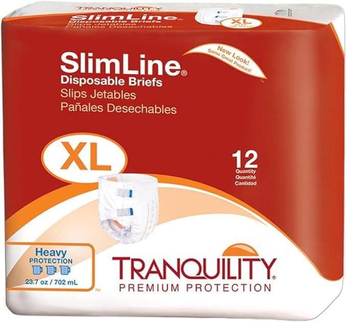 Tranquility Slimline Adult Disposable Briefs, X-Large Incontinence Care with a Slimmer Fit, Peach Mat Core& Kufguard Technology, Latex-Free, 23.7oz