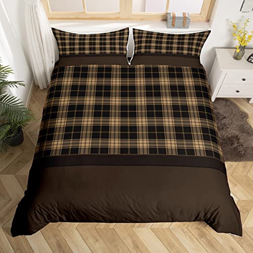 Erosebridal Vintage Duvet Covers,Rustic Bedding Set For Boys Girls,Farmhouse Plaid Check Comforter Cover For Cabin Lodge,Geometric Lattice Bed Sets With 1 Pillow Sham Zipper&Ties,Twin,Brown #TOP22