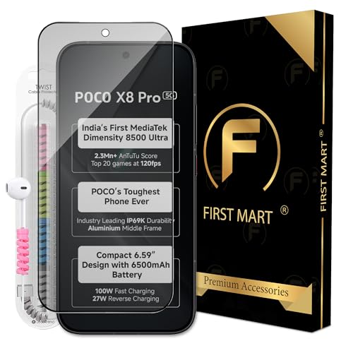 Image of FIRST MART Matte Anti-Glare Tempered Glass for Poco X8 Pro With Installation Kit | Military-Grade Gaming Screen Protector & Cable Guard | Edge to Edge Coverage | Black