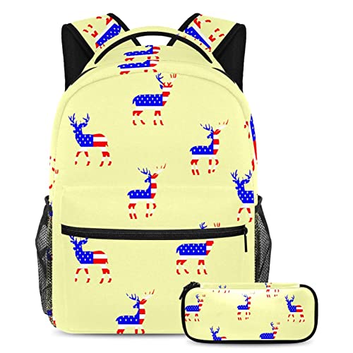 Sac à dos motif cerf et drapeau américain avec sa trousse assortie pour l'école