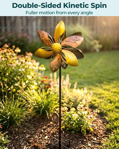 Image of Double-Sided Metal Wind Spinner for Yard, 37 inch Kinetic Garden Decor | Weather-Resistant Finish, Smooth Spinning Motion, Sturdy 5-Prong Stake, Quick Assembly, Ideal for Lawns, Gardens, and Patios