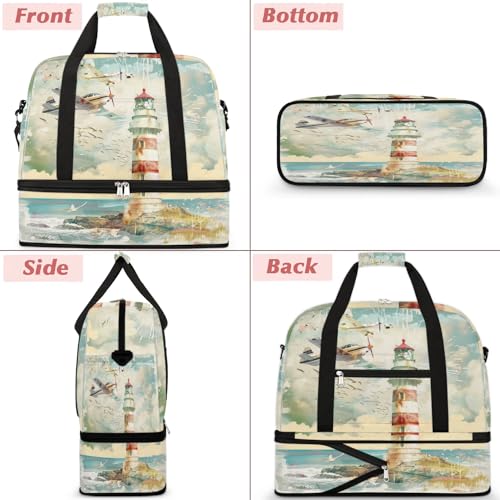 Travel Duffel Bag with Shoe Compartment, Lighthouse Airplane Shoulder Weekender Bags for Women, Foldable Waterproof Travel Bag Carry on Bag3
