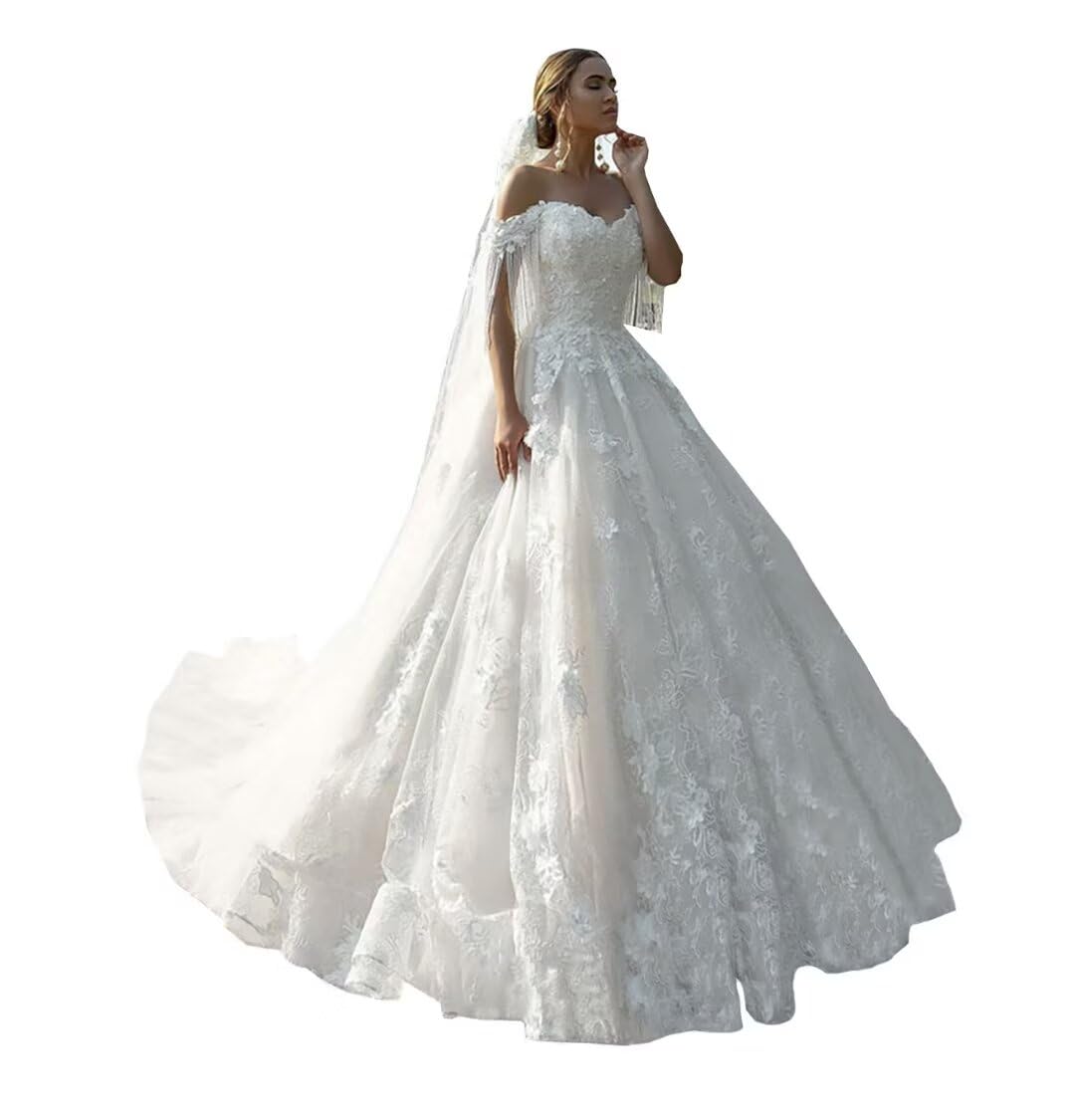 Mouccy Charming Beaded Lace Wedding Dresses for Bride Off Shoulder Bridal Gowns with Train Long Tulle Wedding Ball Gowns