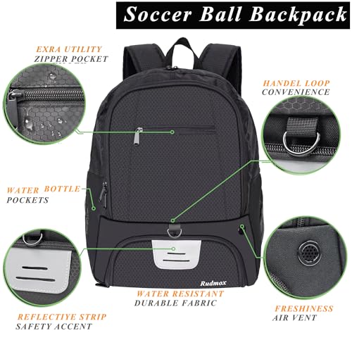 Rudmox Fußballtasche-Rucksack für Basketball, Volleyball mit Stollenschuhen und Ballfach und innenliegende Laptoptasche für Reisen, Fitnessstudio, Wandern, Sportverein