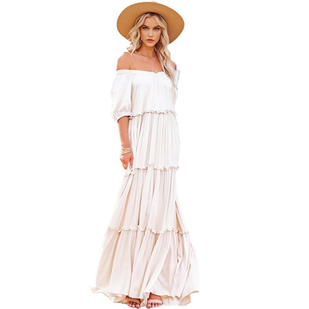 Vestito Estivo da Donna, Abito Casual, Abito Estivo Bianco con Spalle Scoperte, Abito a Vita Alta, Manica a Sbuffo, retrò, Sexy, Casual, Tunica, Abito da Spiaggia,S