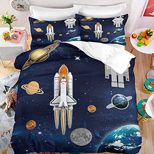 Funda Nordica Cama 90 Planetas Cohetes 3D - Juego de Ropa de Cama Microfibra Suave con Cremallera, 1 Funda Edredon 135x200 cm y 1 Funda de Almohada 50x75 cm