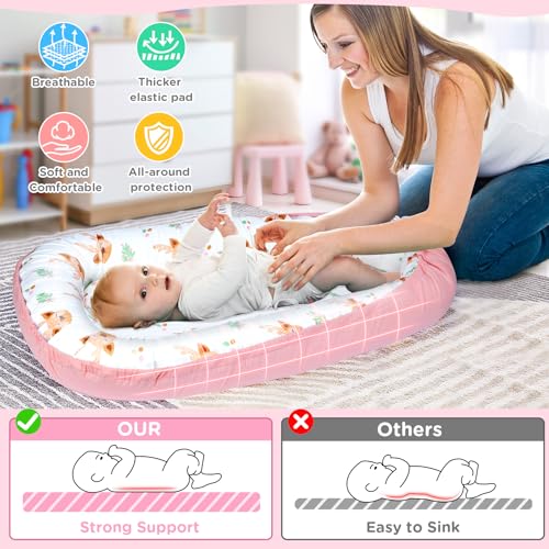 Image of KISS GOLD Baby Lounger - Breathable Soft Cotton Cover Baby Lounger Nest, Babies Essentials Gifts, Portable Lounger for Baby Tummy Time Floor Playing Seated Support for Home and Travel