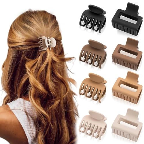 Aucuu 8 Pack Small Hair Claw Clips, Double Row Teeth Hair Clips, Rectangle Claw Clips, Matte H-air Clips, No Slip Hair Clamps hair Accessories for Women Girls for Thin Thick Curly H-air