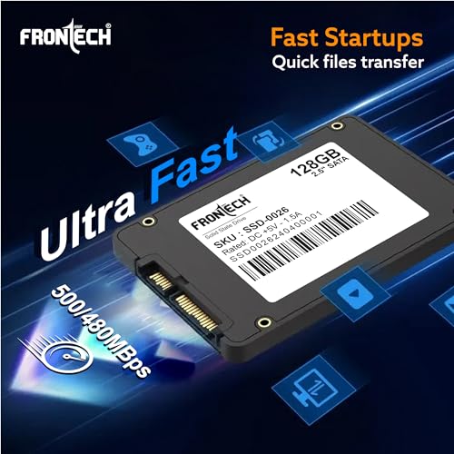 Image of FRONTECH 128GB Internal SSD, 2.5 SATA3, TLC+SMI, Low Energy Consumption, Ultra Fast with Read /Write Speed Upto 500 /480 Mbps, (SSD-0026, Black & White)