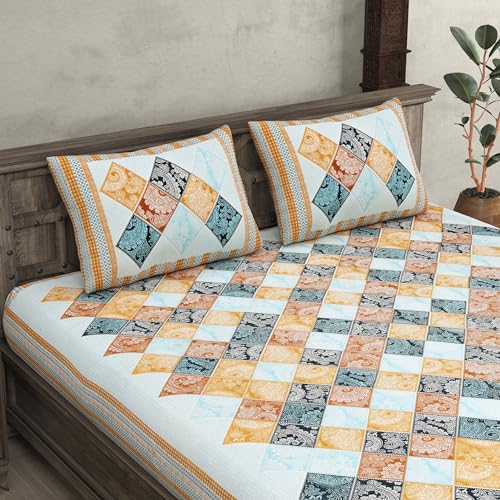 Image of JaipurFabric Cotton 210 TC Ethnic Tiles Bedsheet for Double Bed with 2 Pillow Covers (90 inch X 108 inch), Blue