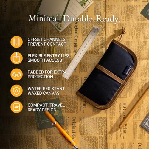 Image of LOCHBY Quattro | Slim and Elegant Pen Pouch, Durable Waxed Canvas, Lightly Padded for Fountain Pen and Mechanical Pencil, Compact Design Holds 4 Pens, for Everyday Carry, Travel and Creative Artists