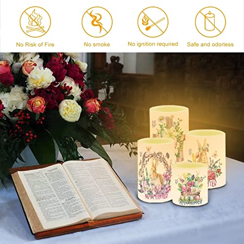 Image of Happy Easter Flameless LED Candles Electric Candles with Remote Timer Colorful Light Control Long Lasting for Easter Day Decorations Pack of 4, Bunny Flower Butterfly Wreath, White