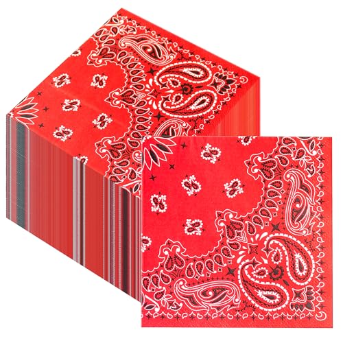 RVXHUA 100PCS Red Bandana Cocktail Napkins, 3-Ply Disposable Paisley Print Beverage Napkins, Western Cowboy Theme Party Supplies for Birthday, Wedding, Picnic, Baby Shower (6.5'' x 6.5'')