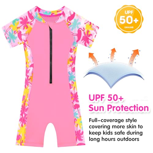 Image of Girls One Piece Swimsuit UPF 50+ Rash Guard with Front Zipper for Ages 3-14