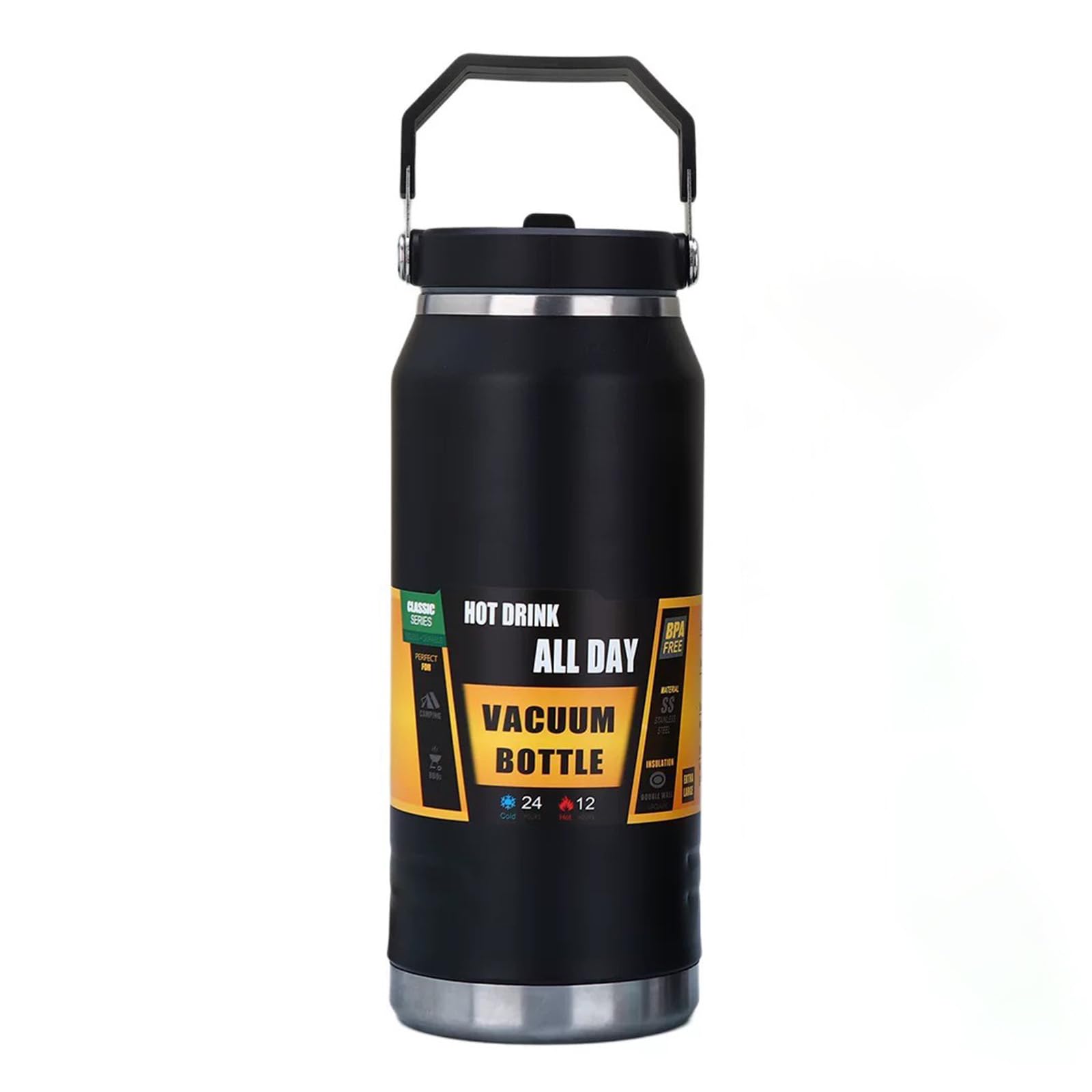 Half Gallon Large Insulated Water Bottle with Handle, 64 oz, Black, 1900 ml Tumbler Jug, Insulated Container, Insulated Jar, Leak-Proof, 304 SS Thermal Mug, Hot/Cold Beverages, Sports, Travel, Gym