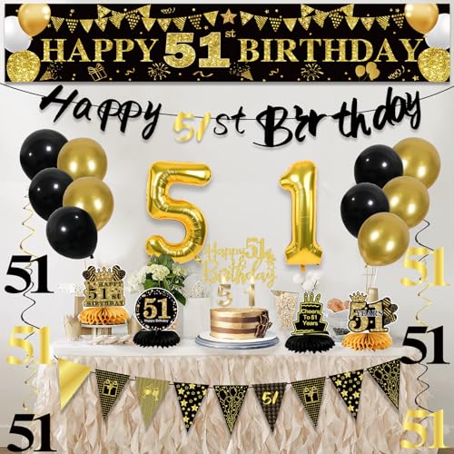 Image of 51st Birthday Decorations for Men, Black Gold 51st Party Decoration Kits | 27pcs Happy 51st Birthday Set, Banner, Honeycomb, Balloons, Gold Number, Candle, Hanging Swirls, Cake Topper, Party Supplies