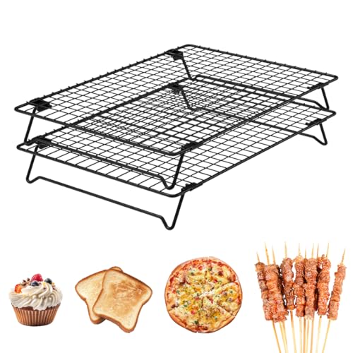 Varenzya 2 Stück Abkühlgitter Stapelbar 34 X 24 X 6 cm Stapelbares Kuchengitter Rechteckig Stapelbar Antihaft-Abkühlgitter Klappbares Kuchengitter zum Braten Backen Grillen und Abkühlen (Schwarz)