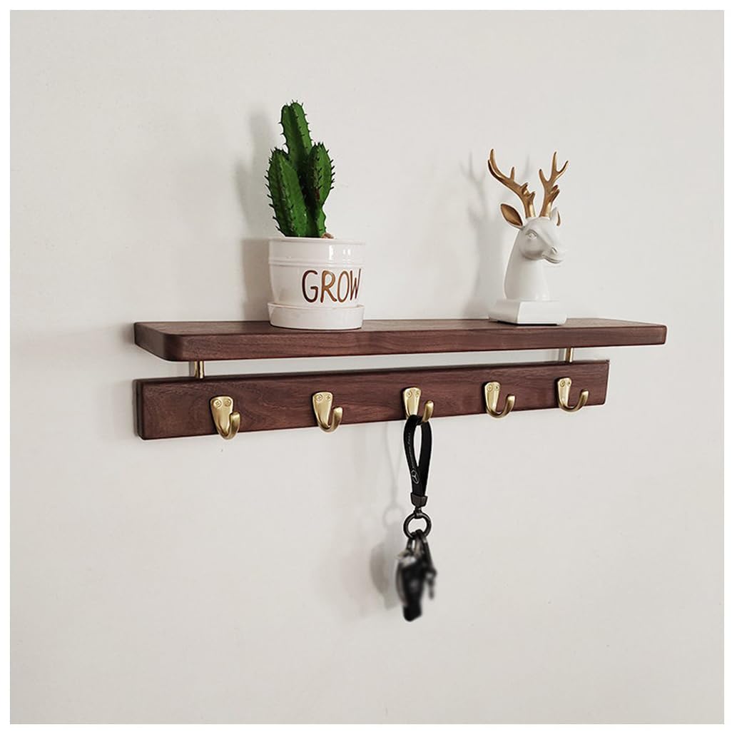 ZHOUXIAO Solid Wood Coat Rack with Shelf Wall Mount, Walnut Wood Coat Hooks Hanger 60cm