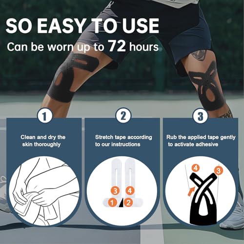 Image of Precut Kinesiology Tape for Knees, 20 Pcs - Knee Support & Stability, Knee Pain Relief Athletic Tape - Waterproof & Elastic, Breathable Hypoallergenic Latex-Free Tape, Black