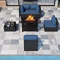 SUNLEI 5 Piece Outdoor Patio Furniture Set with Fire Pit Table, Black PE Rattan Wicker Conversation Sofa Set with Blue Cushions, All Weather Sectional Patio Couch for Backyard, Deck, Garden, Porch