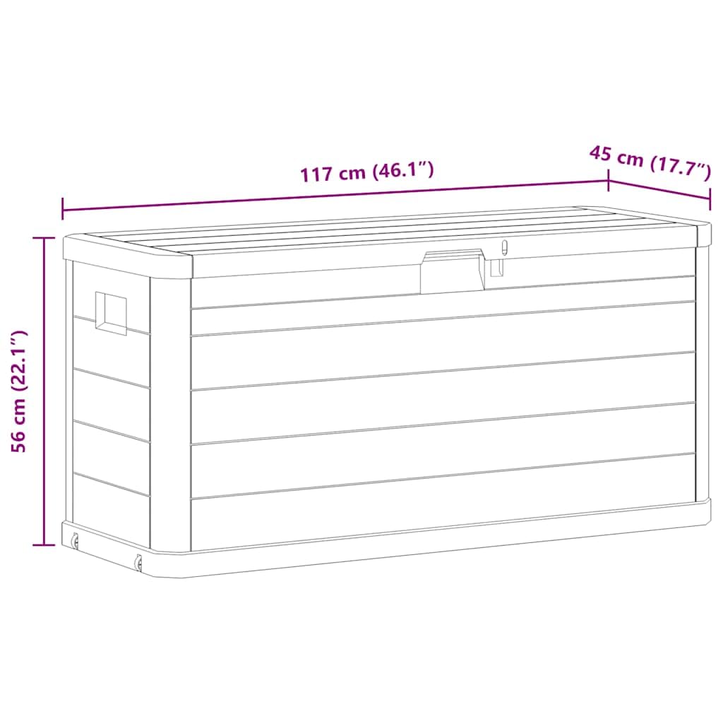 Pudełko do przechowywania ogrodu, 280 l, brązowe, tworzywo sztuczne, wygląd drewna, 117 x 45 x 56 cm, na taras, balkon, z dużą ilością miejsca do przechowywania, jako pudełko na poduszki