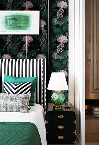 16.14"X78.7" Tropical Wallpaper Peel And Stick Wallpaper Self Adhesive Removable Wallpaper Green Leaves And Pink Jellyfish Contact Paper Waterproof Vinyl Decorative Wallpaper For Locker Bedroom Wall #TOP6