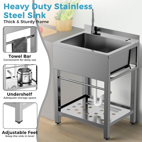 Image of Stainless Steel Utility Sink Freestanding Single Bowl Garage Sink 25 Inch | Shop Sink for Laundry Room Basement Garden Kitchen Pet Care Outdoor Indoor, w /t Cold & Hot Water Lines Standard P-trap 11 gal