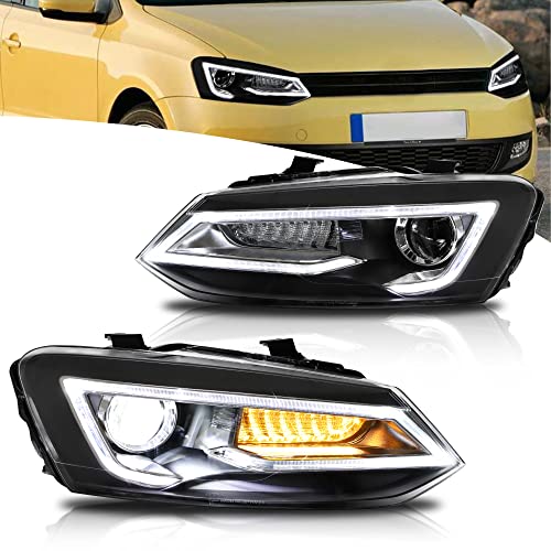 VLAND Phare LED pour Polo 5 Polo 6R 6C 2009-2017 [pas pour GTI/R/1.6 6R], avec clignotant séquentiel, côté conducteur et passager, ampoules non incluses