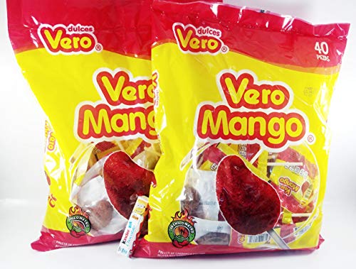 Pack of 2 Vero Mango, Chili Covered Mango Flavored Lollipops, 40 Pieces Authentic Mexican Candy with Free Chocolate Kinder Bar Included