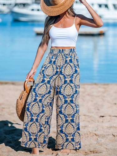 Pantalon de plage taille haute en coton et lin bleu clair CUPSHE L