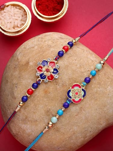Image of Sukkhi Rakhi Iconic Designer Kundan Meenakari Red Green Gold Plated Premium Rakhi for Brother with Roli Chawal & Greeting Card|Rakhi for Brother /Bhaiya /Bhai /Men|Rakhi Combo-Set of 2