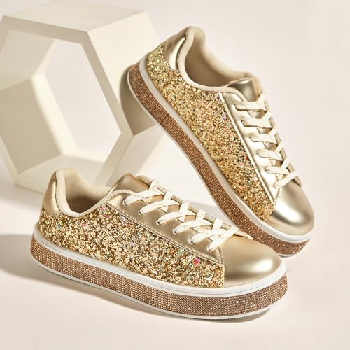 Image of UUBARIS Women's Glitter Tennis Sneakers Neon Dressy Sparkly Sneakers Rhinestone Bling Wedding Bridal Shoes Shiny Sequin Shoes