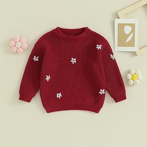 VISGOGO Kids Girls Sweater, Long Sleeve Crew Neck Flower Warm Winter Sweater Clothes Casual Daily2