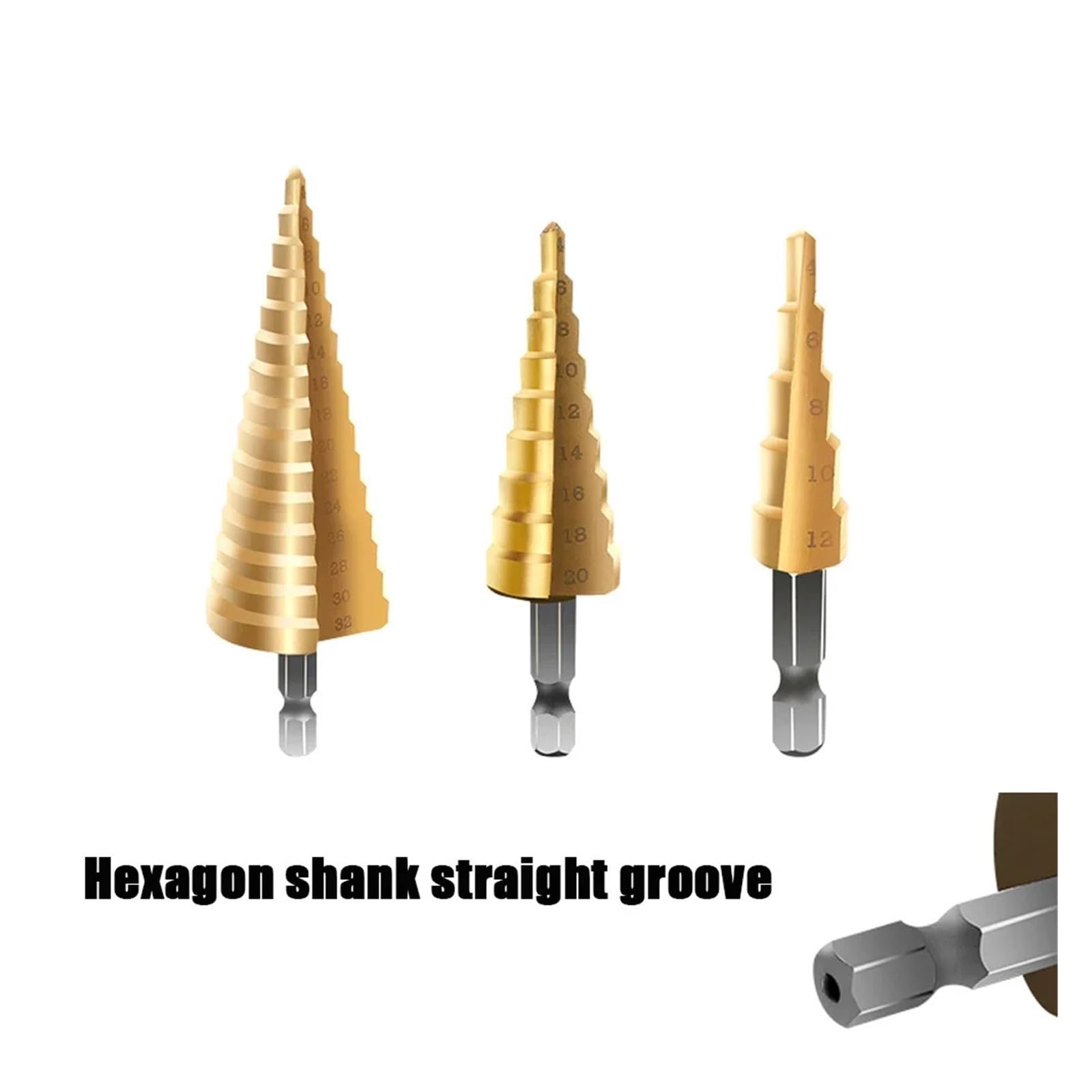 Herramienta eléctrica de broca escalonada cono HSS recubierta titanio | Cortador de agujeros multiusos for tareas de perforación en metal y madera.(3pcs Hexagon handle1)