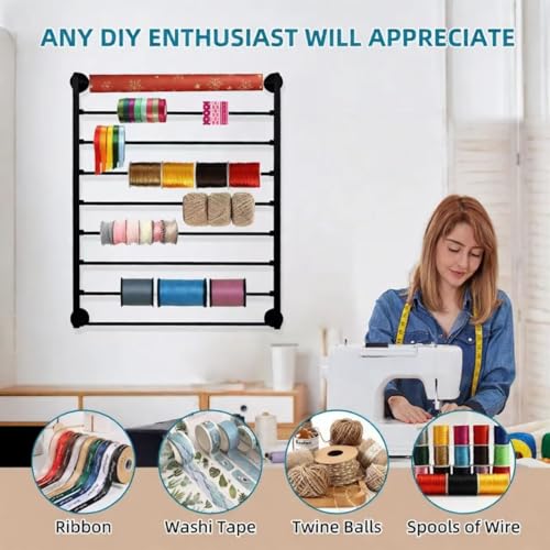 Image of 9 Tier Ribbon Storage Organizer, Wall Mounted Ribbon Holder, Wrapping Paper Rack for Craft Room, Cake Shop, Flower Store, Scarf Belt Organizer - Black, Metal, 27.55 x 35.43 x 3.93 Inches