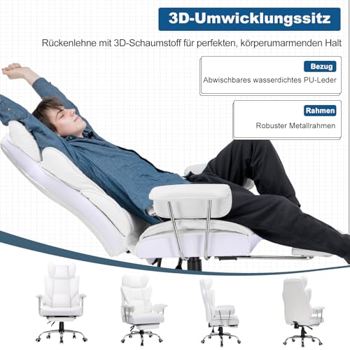 GTPLAYER Gaming Stuhl, Bürostuhl mit Taschenfeder-Lendenwirbelstütze, ergonomischer und komfortabler breiter Büro-Computersessel mit nach außen fixierten weichen Armlehnen und Fußstütze Leder Weiß – Bild 5