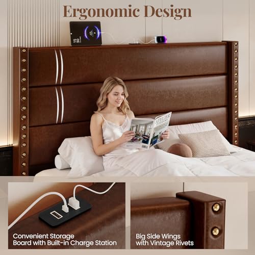 Uteeran King Size Bed Frame with Storage Shelf & Charging Station, 55" Tall Headboard & 25.6" Footboard, Faux Leather Upholstered Platform Bed with Big Rivets Wingback, Heavy Duty & Noise-Free, Brown — view 3