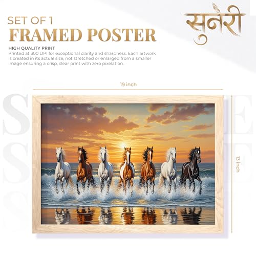Image of Suneree 7 Horse Vastu Wall Painting - Running Horses Sunset Beach Landscape Framed Wall Art for Living Room & Office Decor (Natural, Design 10, 13x19 Inch)