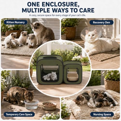 Image of Tailtastic 2-Room Cat Playpen, Portable Indoor /Outdoor Enclosure, Green