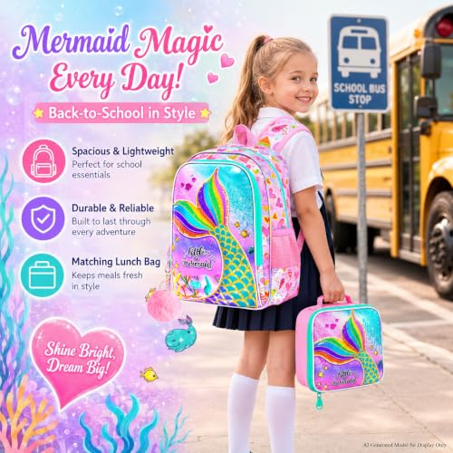 Image of 16 inch Mermaid Backpack for Girls, 3Pcs Kids Fish Tail Backpacks with Lunch Box, School Bookbag for Elementary Preschool Kindergarten(Pink)