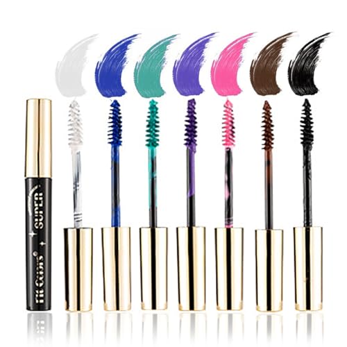 MKNZOME 7 Colores Mascara de Pestañas Waterproof, Mascara de Pestañas Púrpura Azul Verde Rosa Marron Blanco Negro Pestañas Volumen y Largura, Maquillaje de Ojos Natural Para Alargar