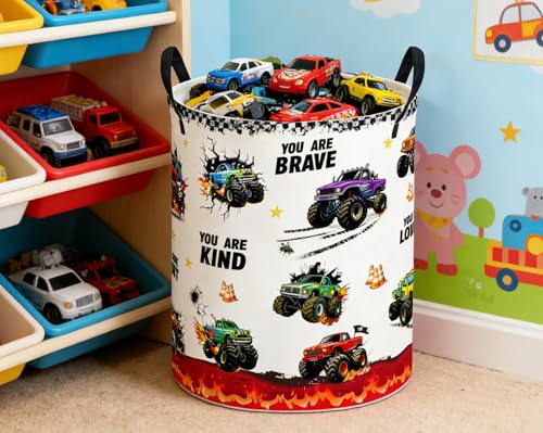Image of ESSME Laundry Basket,Monster Truck Hamper Collapsible Canvas Storage Bin, Cute Hamper,Gift Baskets(Flame Truck)