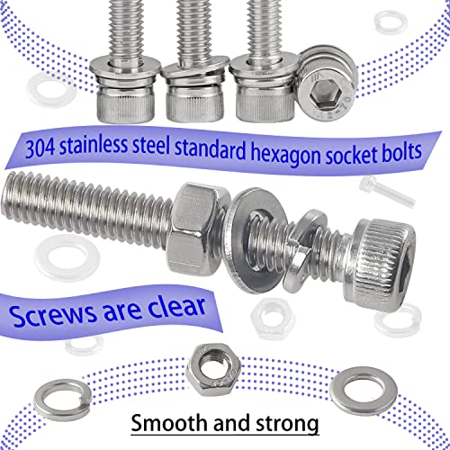 Image of newlng Screws and Nuts M3 M4 M5 M6 Bolts and Nuts kit 520pcs 304 Stainless Steel Metric Hex Socket Head Cap Machine Screws Flat Washers Spring Washers Assortment Kit