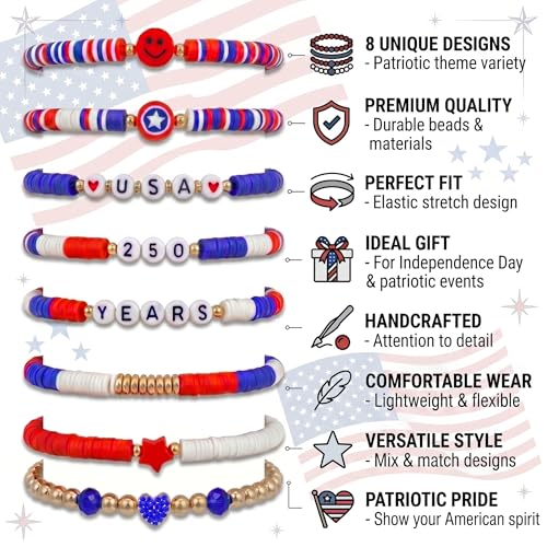 LumaBria 8 Pcs Patriotic Bracelets for Women, 4th of July Independence Day Red White Blue Heishi Beaded Bangle Set, Durable Stretch American Flag Jewelry Accessories for Summer Beach & Festival — view 3