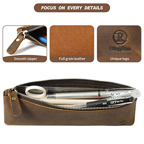 Ringsun Leather Pencil Case Vintage Pencil Pouch Big Capacity Pencil Bag Small Pen Case For Businessmen Artists Brown #TOP4